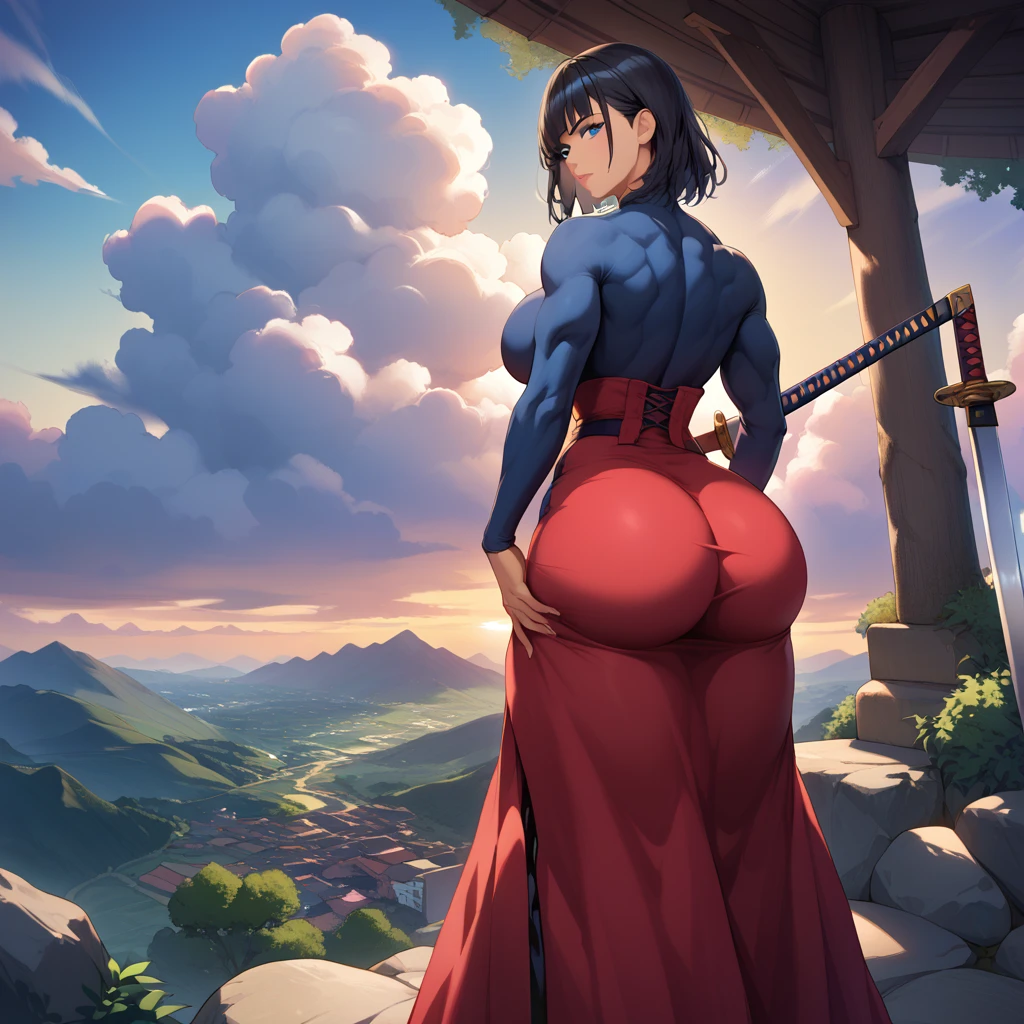 NSFW, 1 female, tanned, back view, long black hair, bangs, blue eyes, fairly muscular, muscular legs, thick legs, rock hard abs, katana on waist, long black flowing skirt, black long sleeve, black hair, plump lips, neutral expression, serious expression, black hair, big breasted, perfect butt, huge muscular ass, ass jiggle perfect stomach, under a tree, beautiful landscape background, hills, distant ancient city, sunset, volumetric lighting, shading, shadows, highly detailed