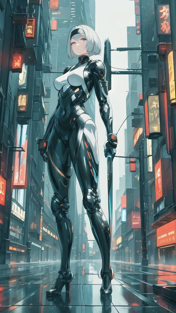 a beautiful detailed anime girl with flowing silver hair, wearing a headband, bob haircut, beautiful detailed eyes and lips, extremely detailed face, wearing a black mechanical cyber suit, ninja warrior, full-body heavy mechanical suit design, wielding a large and heavy sword, slim and graceful figure, perfect proportions, cyberpunk assassin setting, complex digital anime art, 8k wallpaper, 4k anime style, masterpiece, best quality, high resolution, ultra-detailed, photorealistic, complex lighting, hyper detail