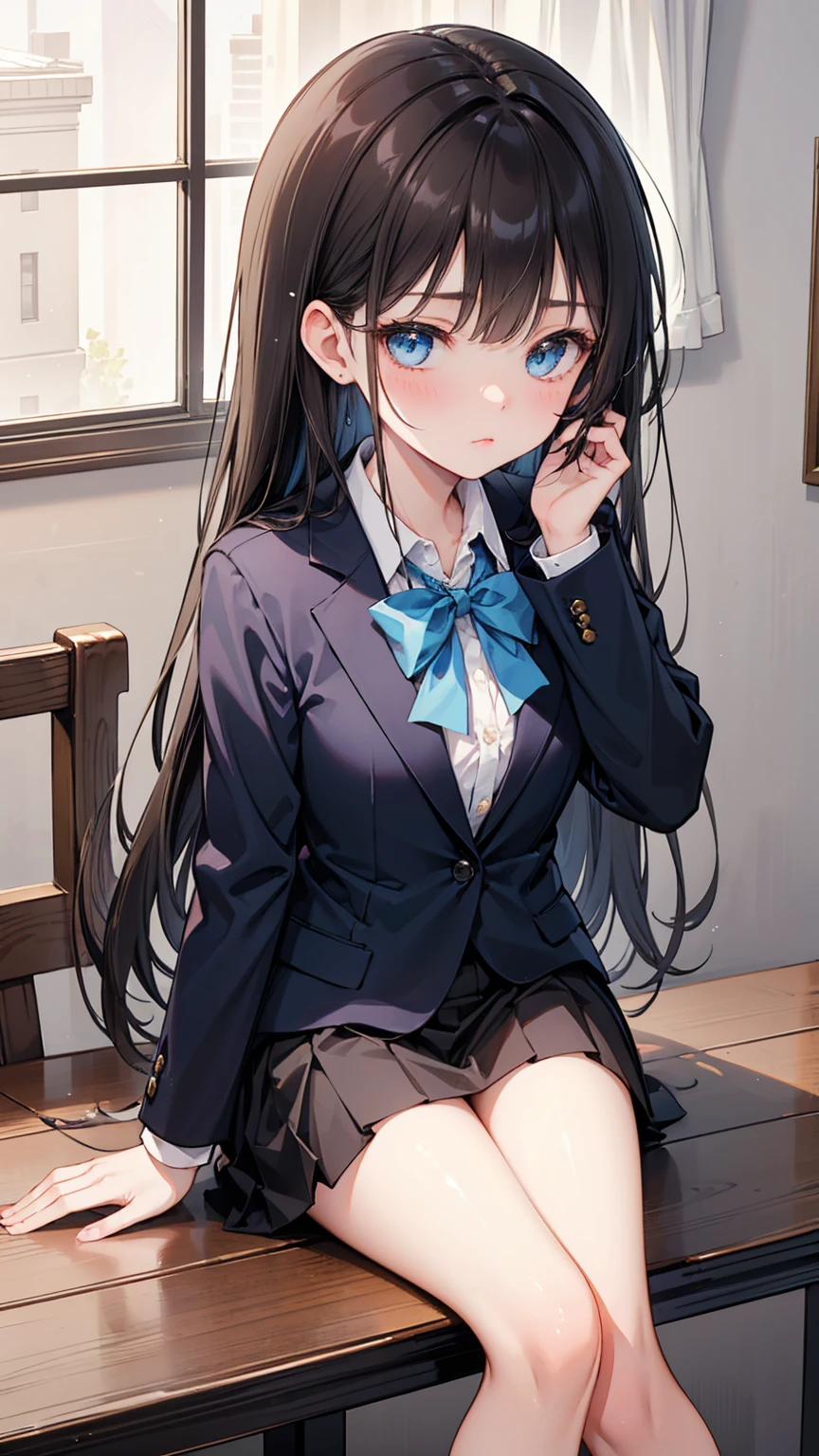 A high school student ， has long dark hair and warm blue eyes ， wears a fresh blue suit ， pure white collar and vibrant green bow tie 。 has long black hair and warm blue eyes ， with her right hand thoughtfully resting on her chin 。 on a rich light brown wooden table ， A small blue and white box shakily sits ， The gentle curves of the wood grain make a soothing contrast to the girl's introspective posture。