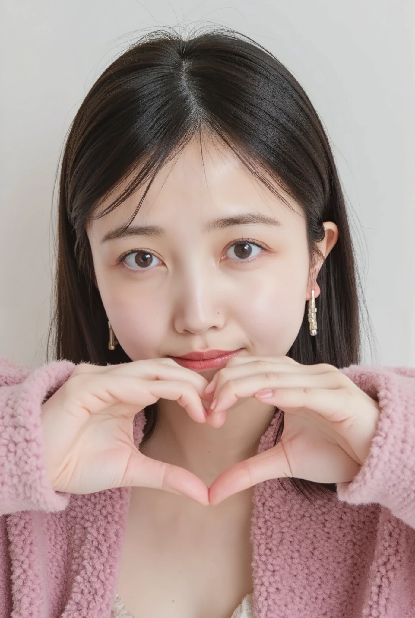 Only one woman with a cute smile wears cute, fluffy off-shoulder pajamas, makes a big heart shape with both hands, and poses them in front of her chest, View above collarbone、The background is a monotone