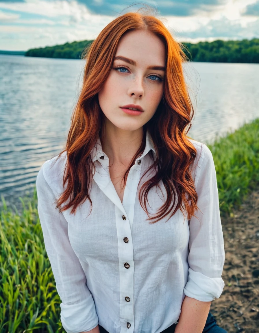 beauty photo of a ohwx perfect headshot of a beautiful 20yo woman with perfect eyes, long beautiful red hair (designer tailored  A classic button-down linen shirt with a high neckline)
Shot on Nikon Z6        Nikon Z 85mm f/1.8 S    F/2.8, 1/125s, ISO 100, style of Annie Leibovitz, lake shoreline