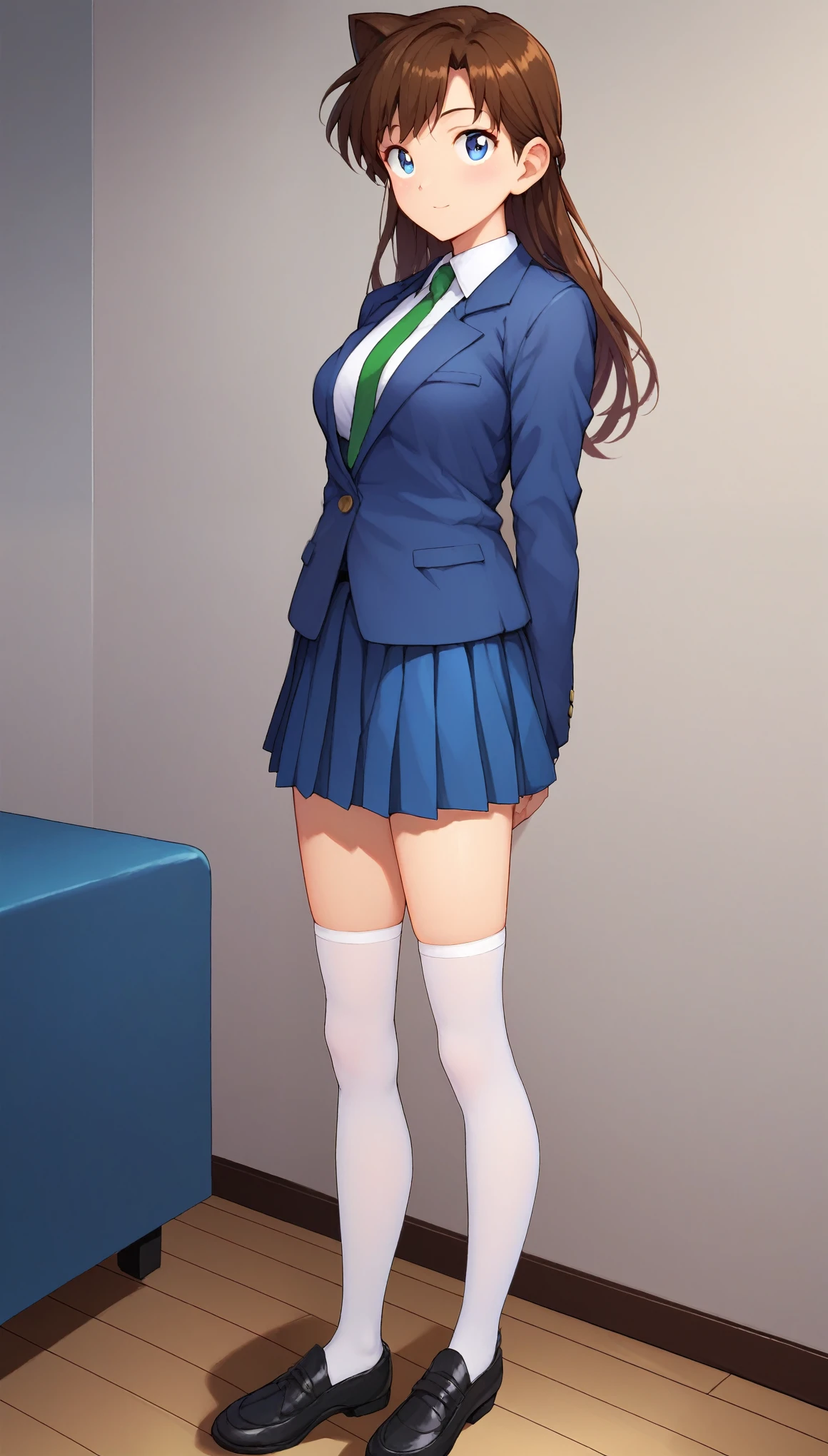 score_9, score_8_up, score_7_up, score_6_up, BREAK, RanMoriDCXL, blue eyes, brown hair, long hair, bangs, medium breasts, blue jacket, closed jacket, shirt, green necktie, blue skirt, pleated skirt, white stockings, black shoes, solo, standing, looking at viewer, indoors