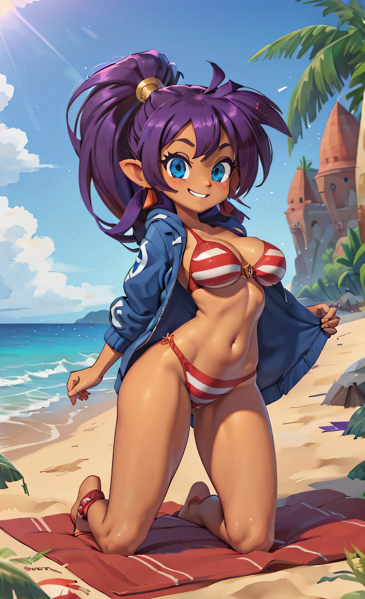 [Shantae], ((masterpiece)), ((HD)), ((high res)), ((solo portrait)), ((full body)), ((front view)), ((low angle view)), ((feet visible)), ((cute anime aesthetic)), ((detailed shading)), ((intricate details)), {(attractive toned figure), (dark skin tone), (brown skin), (long messy purple hair), (spiky bang), (cute blue eyes), (curvy hips), (beautiful legs), (cute soft feet), (blushing), (cute grin)}, {(red striped bikini), (navel), (blue thin jacket)}, {(kneeling on beach towel), (looking at viewer)}, [ambient lighting, beach, sun rays]