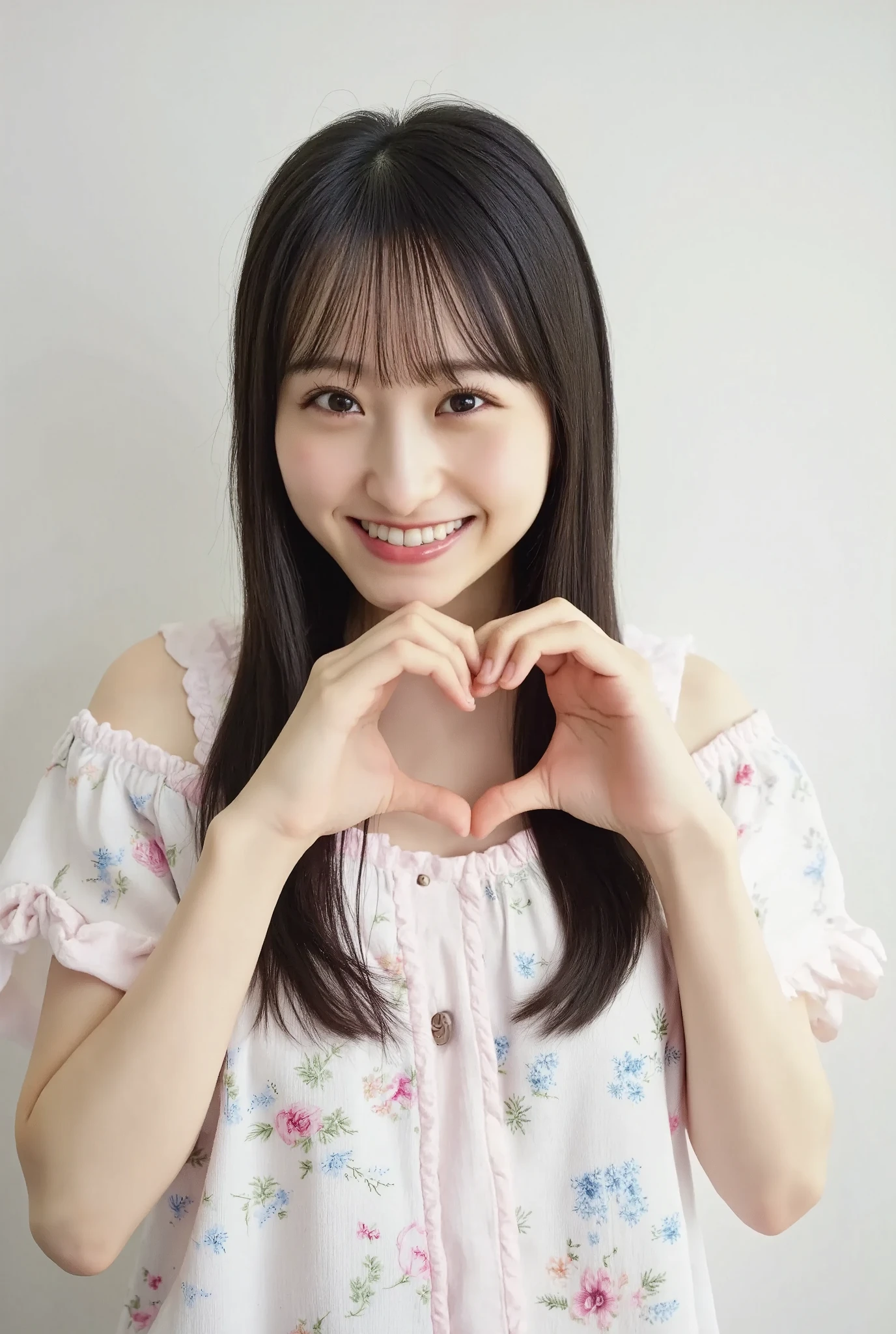 Only one woman with a cute smile wears cute, fluffy off-shoulder pajamas, makes a big heart shape with both hands, and poses them in front of her chest, View above collarbone、The background is a monotone 

