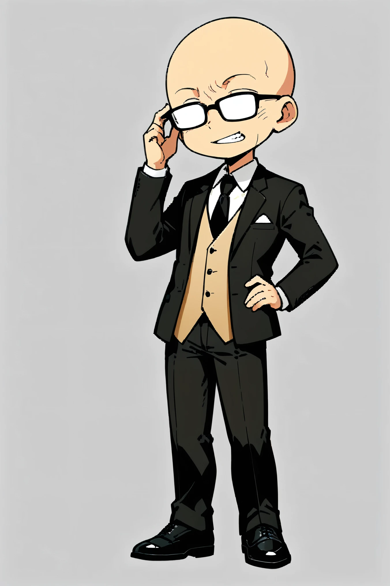 1man, solo, (chibi:0.2), male_focus, black_footwear, necktie, shirt, bald, ossan, opaque_glasses, pants,Wrinkles on the face,Middle-aged uncle, 42ages, full_body, black_pants, jacket, white_shirt, black_necktie, collared_shirt, standing, hand_on_hip, black_jacket, long_sleeves, shoes, adjusting_eyewear, teeth, formal, hand_up, brown_necktie, suit, vest, transparent_background, clenched_teeth, parted_lips,Wrinkles on mouth