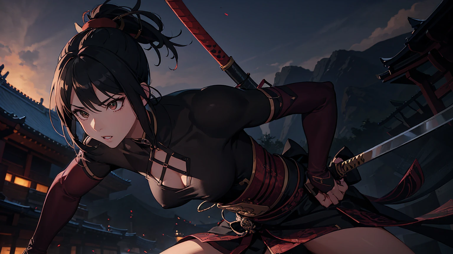 a highly muscular female Samurai with 1 katana, the upper coltes are made of net. transparent thorso, double hairbuns, detailed abs and muscles, dark outfit, serious expression, glowing katana blade, dynamic action pose, on a chinese ancient roof, in a misty olde chines village at night dark moody lighting, cinematic angle, hyperrealistic, digital art, illustration