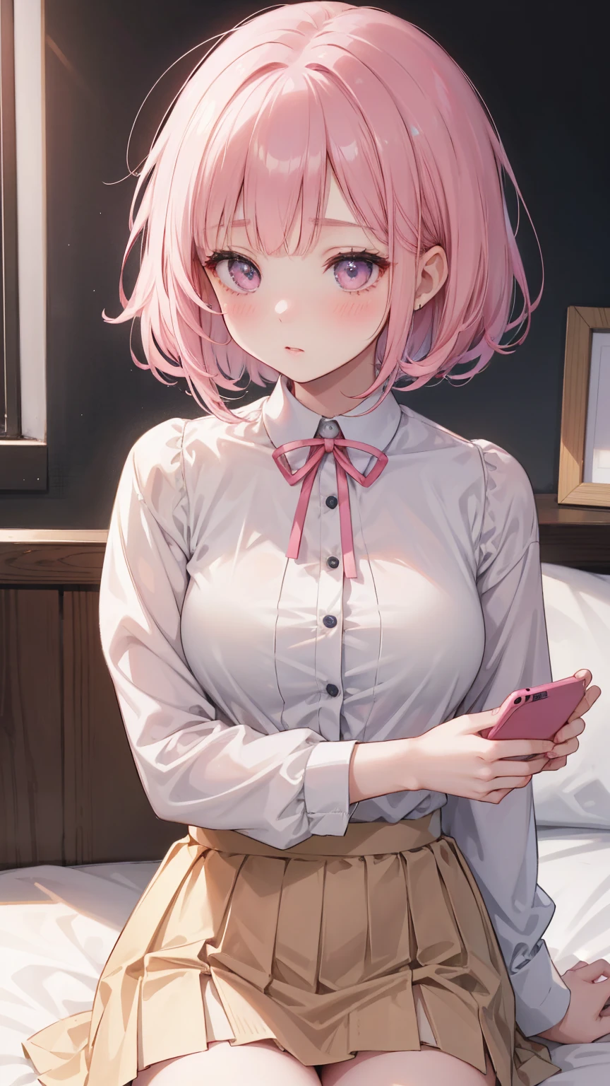  A girl lying on the bed ， Pink short hair，With bangs ，  Her lower body is wearing a brown pleated skirt  。 She has medium hair  ， A ribbon tied to his neck ，  holding a handheld console and controller in one hand  ，Holding potato chips in the other hand。  Her open jacket reveals the white dress inside Child 。  Establishing an intimate and magnetic connection  ，  Her eyes are bright pink  ，  Her cheeks have a sweet blush  。  Her hair accessory is decorated with pink ribbons  ，  to attract attention ， Above the neckline of her shirt, you can see medium  。Tight Frame ，  that captures her intimate posture and playful attitude  。