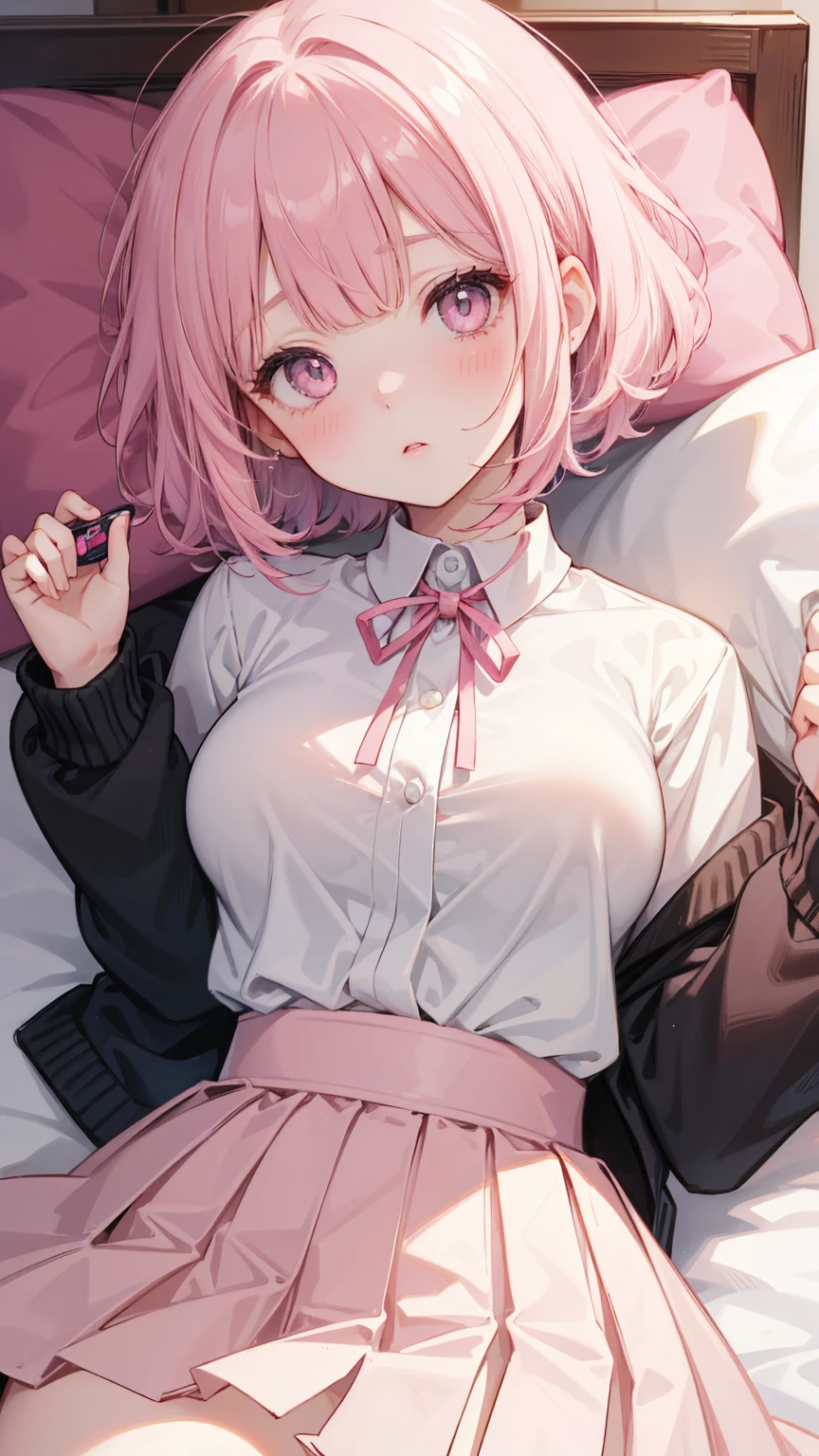  A girl lying on the bed ， Pink short hair，With bangs ，  Her lower body is wearing a brown pleated skirt  。 She has medium hair  ， A ribbon tied to his neck ，  holding a handheld console and controller in one hand  ，Holding potato chips in the other hand。  Her open jacket reveals the white dress inside Child 。  Establishing an intimate and magnetic connection  ，  Her eyes are bright pink  ，  Her cheeks have a sweet blush  。  Her hair accessory is decorated with pink ribbons  ，  to attract attention ， Above the neckline of her shirt, you can see medium  。Tight Frame ，  that captures her intimate posture and playful attitude  。