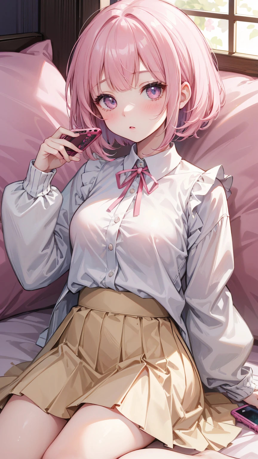  A girl lying on the bed ， Pink short hair，With bangs ，  Her lower body is wearing a brown pleated skirt  。 She has medium hair  ， A ribbon tied to his neck ，  holding a handheld console and controller in one hand  ，Holding potato chips in the other hand。  Her open jacket reveals the white dress inside Child 。  Establishing an intimate and magnetic connection  ，  Her eyes are bright pink  ，  Her cheeks have a sweet blush  。  Her hair accessory is decorated with pink ribbons  ，  to attract attention ， Above the neckline of her shirt, you can see medium  。Tight Frame ，  that captures her intimate posture and playful attitude  。