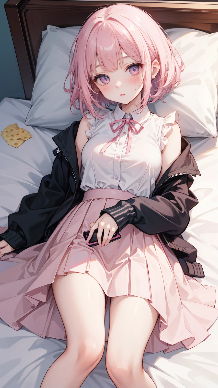  A girl lying on the bed ， Pink short hair，With bangs ，  Her lower body is wearing a brown pleated skirt  。 She has medium hair  ， A ribbon tied to his neck ，  holding a handheld console and controller in one hand  ，Holding potato chips in the other hand。  Her open jacket reveals the white dress inside Child 。  Establishing an intimate and magnetic connection  ，  Her eyes are bright pink  ，  Her cheeks have a sweet blush  。  Her hair accessory is decorated with pink ribbons  ，  to attract attention ， Above the neckline of her shirt, you can see medium  。Tight Frame ，  that captures her intimate posture and playful attitude  。