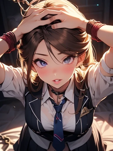 (( 1 girl)), White socks,  Curly Long Hair ,  twin tails,   long eyelashes  ,  Detailed Beautiful Face ,  chain, 両腕が chain,  spread your arms, balance,  Embarrassed Face, cute, (((Metal Color, Chain leash,))) (((Put your hands on your head:1.5))),   detail face  , (((Tie your wrteethts, Tie your ankles, :1.8,))), clevis,The bite teeth clear、Nipple erection, big areolas ,超 orgasm, sexy,  functional,  erotic , Eros,  excited , 性的に excited , Craving:1.1, (difficulty breathing), Messy, Loose, Sticky, (Born),  shiny , Glare, (colorful), ( looks up ( Enchanted:1.1. Birds of prey:1.1 (Half-open)) Downward camera view from the bedroom)), 
Wrinkled ((vivid colorful ( bright color ( shiny  satin)  attractive high school girl uniform with both arms chained))),  Skin Dentition Wedges, Erect nipples, 
beautiful  sexy face, Mouth details:1.1, detailed too  shiny  lips:1.1, Small breasts, Delicious body, Oily, Wet, Beautiful Skin, Messy Loose (Updo) Side-swept bangs,  wide open at the chest、Her breasts are overflowing、
((Bl 歯 sful:1.5 Ecstatic Expression:1.1)), ((cat)), (((sweat))), a little particle sweat drops, (((steam))), ((Sigh)), ((((( Thick lips、 Glowing Lips ))))), (((( orgasm)))), (((Ahegao))), Realteethtic Flesh,(((rock,Tied up:1.5))), Show Your Side,((((rockで上から宙吊り:1,8)))),((((both hands,binding:1.5)))),((((handcuffs、bondage、rockで繋がれてる:1.5)))), Thick lips,1.5,Wide mouth, big areolas ,teeth,Realteethtic Flesh,The bite teeth clear,Shining areola,Bondage Play,Primpus、Ultra low angle,(((Emi Tokoro:1.1)))、Teary-eyed、NSFW、(( Full Body Shot ))