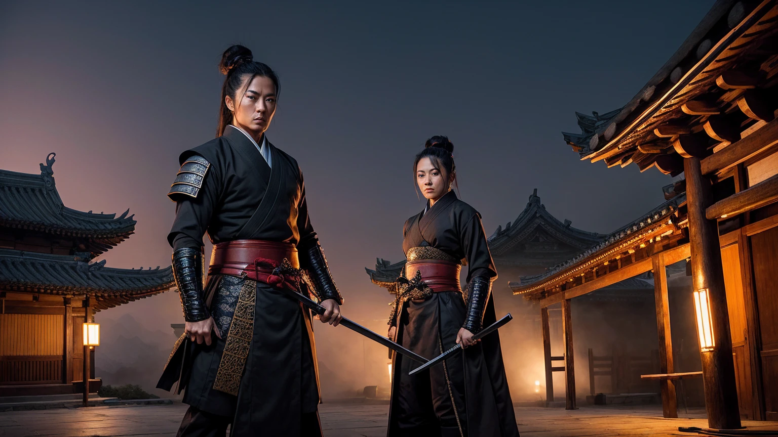 a highly muscular female Samurai with 1 katana, the upper coltes are made of net. transparent thorso, double hairbuns, detailed abs and muscles, dark outfit, serious expression, glowing katana blade, dynamic action pose, on a chinese ancient roof, in a misty olde chines village at night dark moody lighting, cinematic angle, hyperrealistic, digital art, illustration