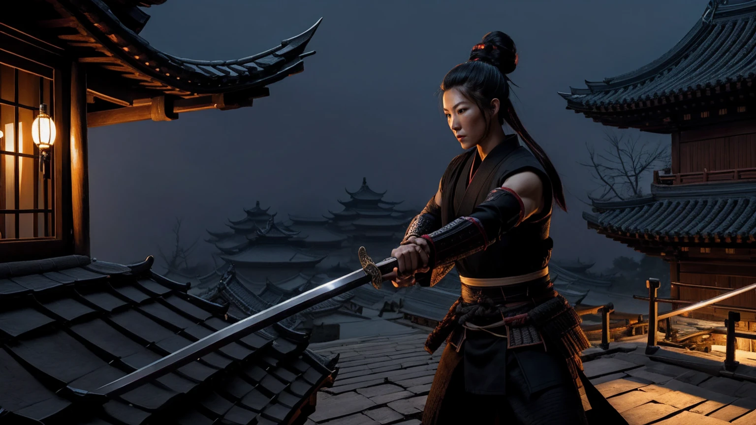 a highly muscular female Samurai with 1 katana, the upper coltes are made of net. transparent thorso, double hairbuns, detailed abs and muscles, dark outfit, serious expression, glowing katana blade, dynamic action pose, on a chinese ancient roof, in a misty olde chines village at night dark moody lighting, cinematic angle, hyperrealistic, digital art, illustration