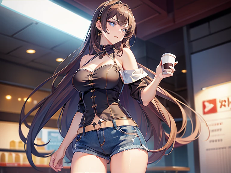 (masterpiece, Best Quality, ultra-detailed, high resolution, extremely detailed CG, official art, Professional Lighting, Perfect Anatomy, anime colors), (from below), looking at viewer, cowboy shot, perfect body, a 24yo beautiful girl, sidelocks, hairband, earrings,medium hips, glamorous body,a small face,beautiful-makeup,Makeup light,dark brown hair, Amazing Cleavage, thin waist, cute ass, Raised sexy, small breast: 1.2 posed cleavage:1.2, (off shoulders,Denimbra,legginullnude), micro denim shorts, bare legs, nail_polish, pale skin, Waiting friend, (morning:1.5), tokyo, (convenience store:1.3), outdoor, (depth of field:1.3), contrapposto, (Hold a coffee in your hand:1.3),delicate beautiful face, Bright blue eyes, cute eyes, sparkling eyes, Big eyes, (perky chest:1.1), (pointed chest:1.3), looking at viewer,
