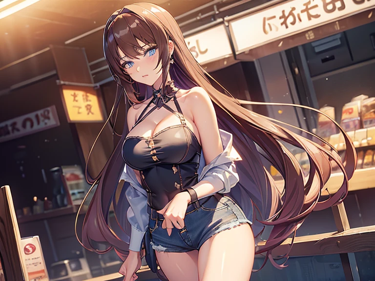 (masterpiece, Best Quality, ultra-detailed, high resolution, extremely detailed CG, official art, Professional Lighting, Perfect Anatomy, anime colors), (from below), looking at viewer, cowboy shot, perfect body, a 24yo beautiful girl, sidelocks, hairband, earrings,medium hips, glamorous body,a small face,beautiful-makeup,Makeup light,dark brown hair, Amazing Cleavage, thin waist, cute ass, Raised sexy, small breast: 1.2 posed cleavage:1.2, (off shoulders,Denimbra,legginullnude), micro denim shorts, bare legs, nail_polish, pale skin, Waiting friend, (morning:1.5), tokyo, (convenience store:1.3), outdoor, (depth of field:1.3), contrapposto, (Hold a coffee in your hand:1.3),delicate beautiful face, Bright blue eyes, cute eyes, sparkling eyes, Big eyes, (perky chest:1.1), (pointed chest:1.3), looking at viewer,
