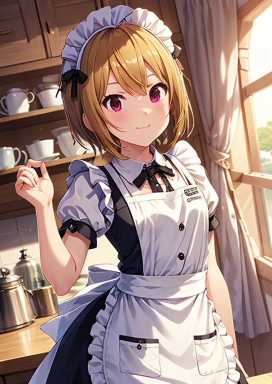 masterpiece, Best Quality,  high definition,  1 girl,   detail face  , ,  anime CG style, ( medium chest),  Good lighting,  PERFECT BODY , Sakura Kinomoto,  glossy lips ,  clevis, (Curvy), Cafe, Maid,  short puff sleeve, small Maid apron, Thigh High