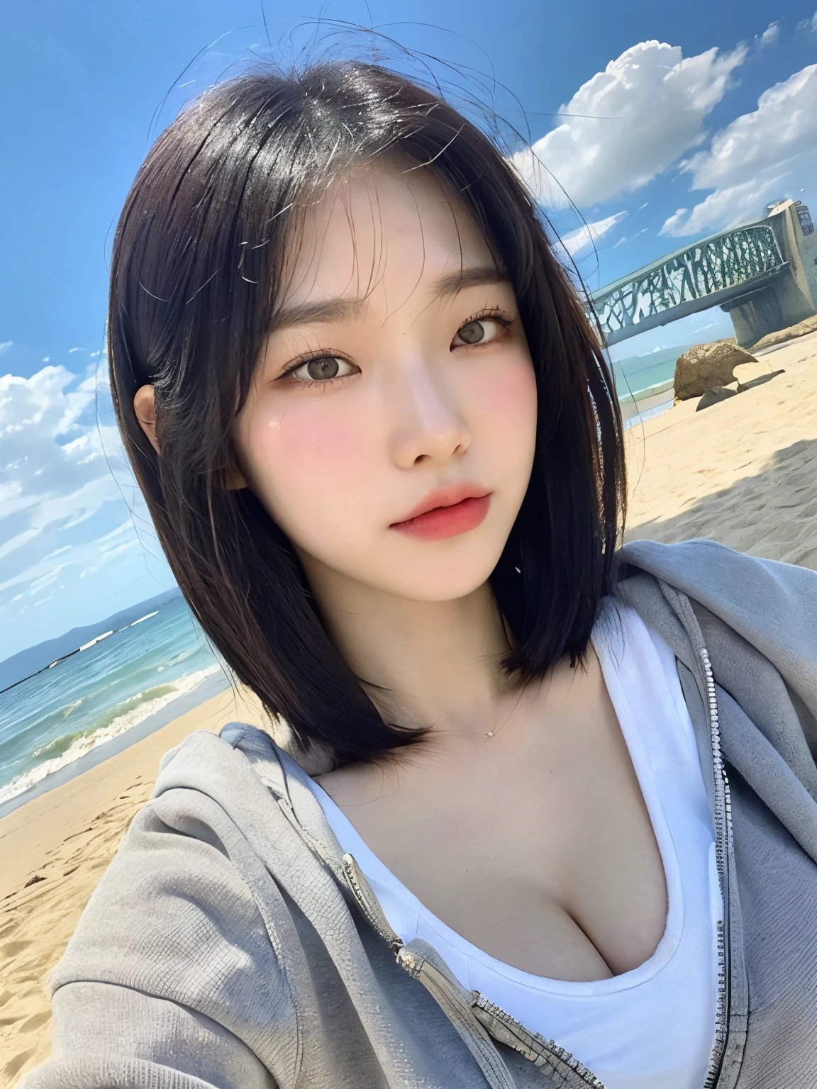 ((Best quality, 8k, Masterpiece :1.3)), upper body, Sharp focus:1.2, Beautiful Korean woman in her 20s with perfect figure :1.4, Slender abs, slender thigh :1.1, ((short hair, bangs, layered haircut, Big breasts :1.2)), (wearing a grey zip-up hoodie and white bra, standing on a sandy beach, shielding her eyes with her hand, facing the viewer, slightly angled to her left, (warm sunny lighting), soft pastel color palette, photorealistic style, detailed hair, (detailed skin texture:1.2), ocean background with waves and a distant bridge, shallow depth of field), Highly detailed face and skin texture, Detailed eyes, Double eyelid, 