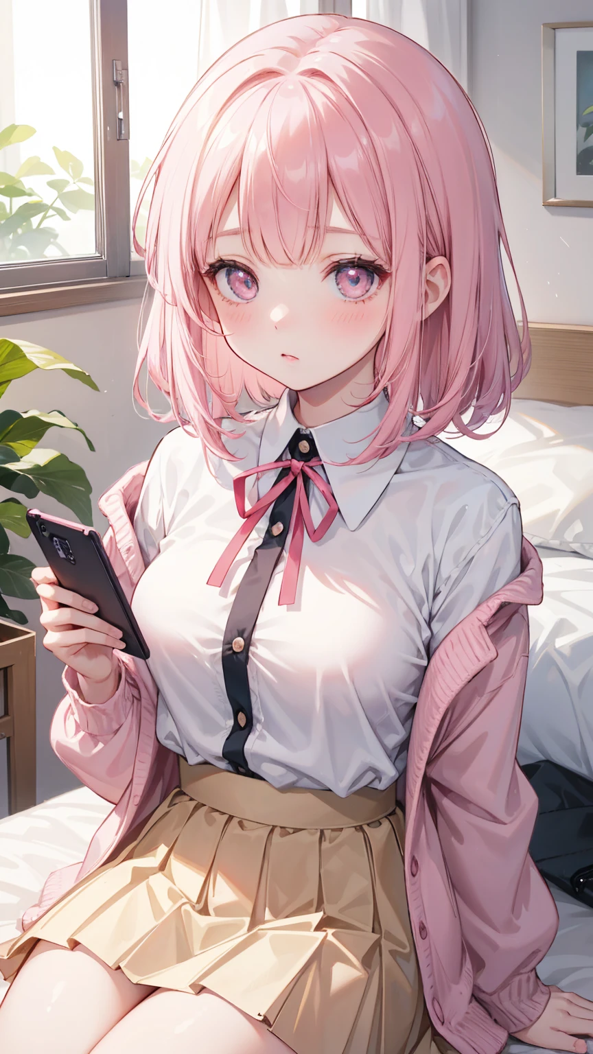  A girl lying on the bed ， Pink short hair，With bangs ，  Her lower body is wearing a brown pleated skirt  。 She has medium hair  ， A ribbon tied to his neck ，  holding a handheld console and controller in one hand  ，Holding potato chips in the other hand。  Her open jacket reveals the white dress inside Child 。  Establishing an intimate and magnetic connection  ，  Her eyes are bright pink  ，  Her cheeks have a sweet blush  。  Her hair accessory is decorated with pink ribbons  ，  to attract attention ， Above the neckline of her shirt, you can see medium  。Tight Frame ，  that captures her intimate posture and playful attitude  。