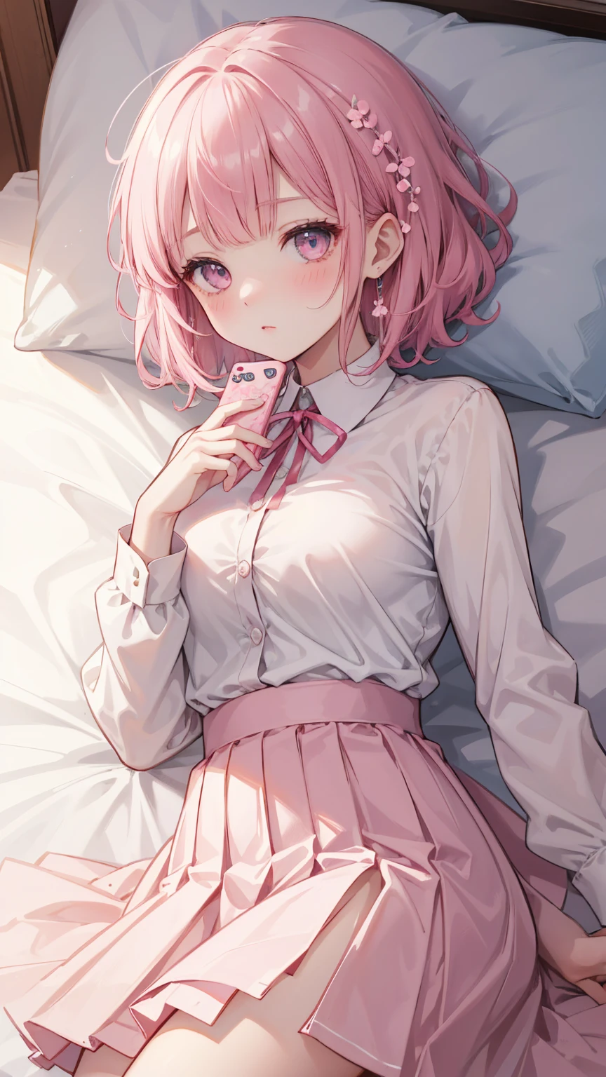  A girl lying on the bed ， Pink short hair，With bangs ，  Her lower body is wearing a brown pleated skirt  。 She has medium hair  ， A ribbon tied to his neck ，  holding a handheld console and controller in one hand  ，Holding potato chips in the other hand。  Her open jacket reveals the white dress inside Child 。  Establishing an intimate and magnetic connection  ，  Her eyes are bright pink  ，  Her cheeks have a sweet blush  。  Her hair accessory is decorated with pink ribbons  ，  to attract attention ， Above the neckline of her shirt, you can see medium  。Tight Frame ，  that captures her intimate posture and playful attitude  。