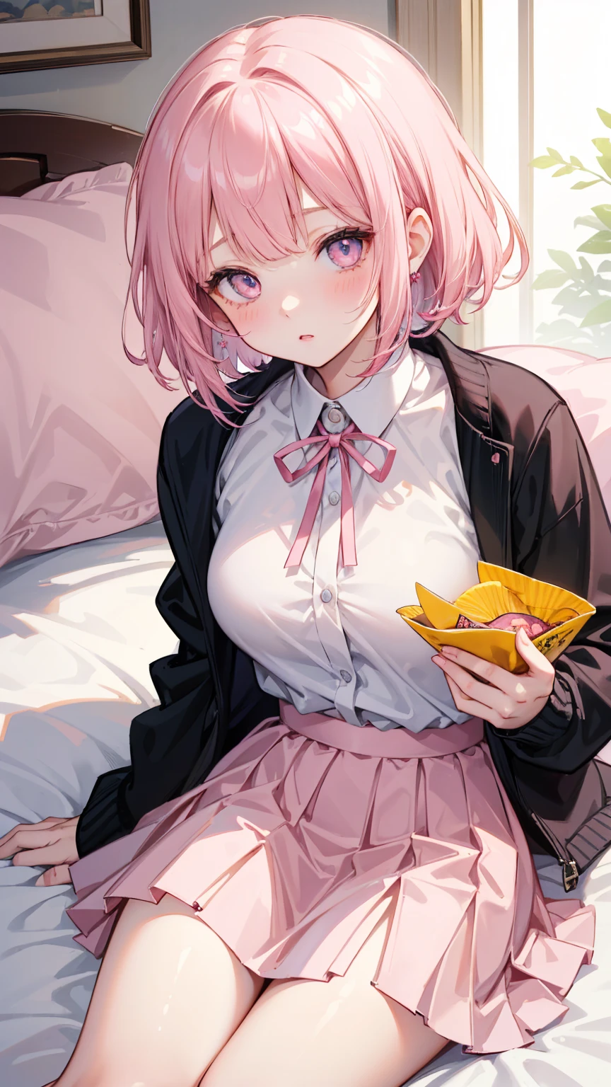  A girl lying on the bed ， Pink short hair，With bangs ，  Her lower body is wearing a brown pleated skirt  。 She has medium hair  ， A ribbon tied to his neck ，  holding a handheld console and controller in one hand  ，Holding potato chips in the other hand。  Her open jacket reveals the white dress inside Child 。  Establishing an intimate and magnetic connection  ，  Her eyes are bright pink  ，  Her cheeks have a sweet blush  。  Her hair accessory is decorated with pink ribbons  ，  to attract attention ， Above the neckline of her shirt, you can see medium  。Tight Frame ，  that captures her intimate posture and playful attitude  。