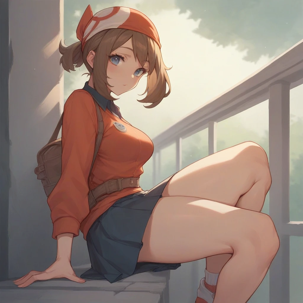 1 girl, May Pokemon ORAS, brown hair, medium breasts, medium thighs, school corridor