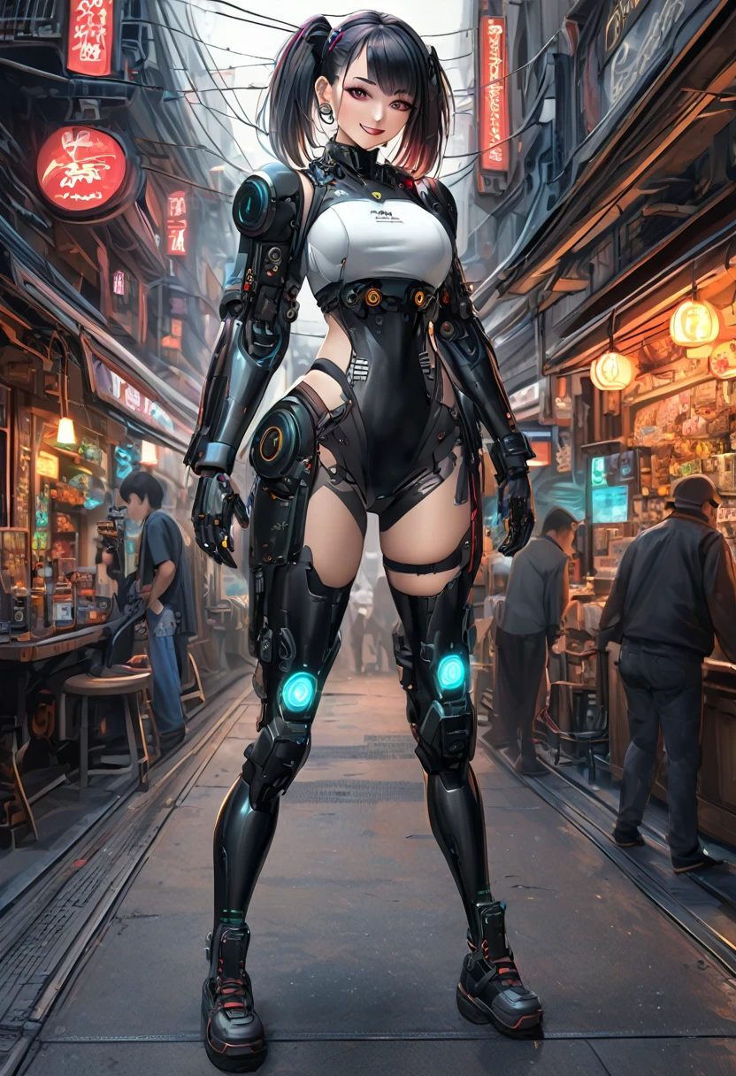 a beautiful 25 year old curvy asian woman in a cyberpunk outfit, smile, tattoos neon, cyberpunk style cyborgpunk mecha armor robotic, mini skrit sailor , (best quality, 4k, 8k, highres, masterpiece:1.2), ultra-detailed, (realistic, photorealistic, photo-realistic:1.37), , dynamic pose, full body sweating in space ship