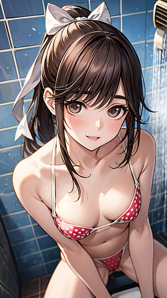 nsfw ４ｋquality, top-quality, superior_Ponytail Hair, Smaller breasts, white ribbon） SHOWER ROOM　18 years old　 sexy pose　 Fascinating 　Embarrassing but smiling　average breast size　 spreading legs 。　Red and white polka dot bikini 　 is facing the shower。