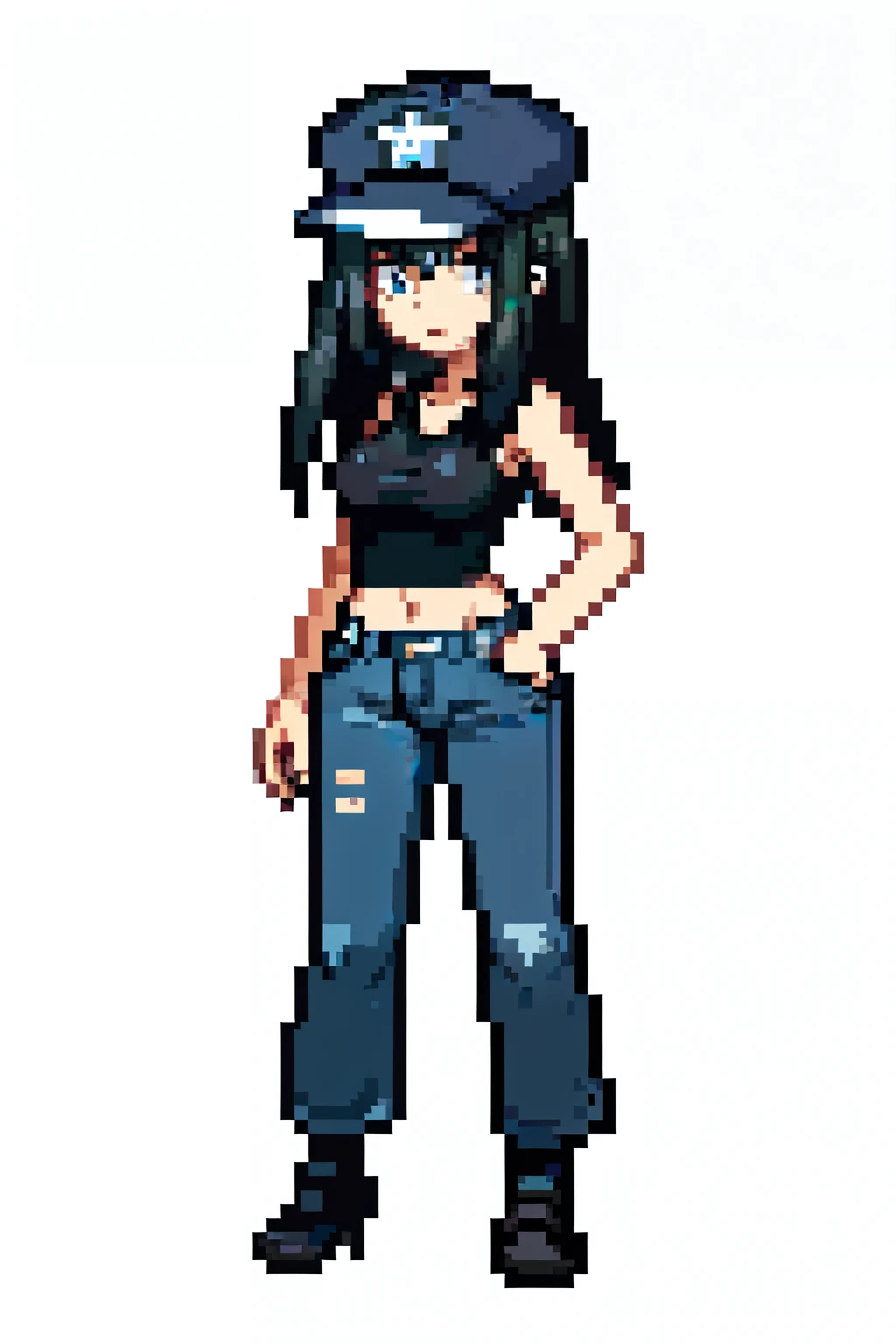 pixel art of a woman, tall, full length, small breast, long black hair, blue wide-leg jeans, black tank top, cap, white background