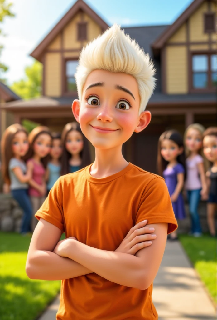 ((masterpiece)) ((photography)) ((Highest quality)) A ((realistic portrait)) of Lincoln Loud from The Loud House, with his signature white hair, wearing an orange shirt and a confident smile. He stands in front of his family's house, with a detailed background showing the house's classic, cozy style. Behind him, his ten sisters appear slightly out of focus, each with their distinct hairstyle and silhouette, capturing the essence of their lively personalities. The scene is lit with natural light, creating a warm and inviting atmosphere that highlights Lincoln's role as the central figure in the family.