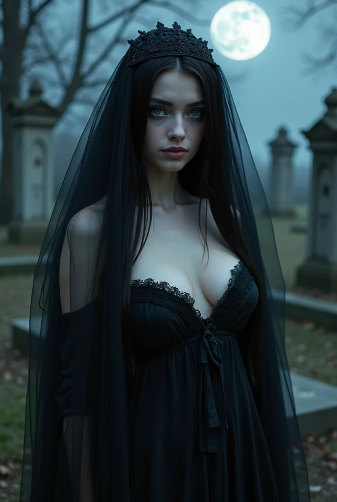 porcelain-skinned girl with raven-black, long black silky hair , hypnotic blue eyes gleaming with an unsettling intensity, shrouded in a tattered, black tulle veil and sheet, her voluptuous figure accentuated by a daring, bare shoulder and cleavage, full circle dark moon illuminating a misty, abandoned cemetery, 