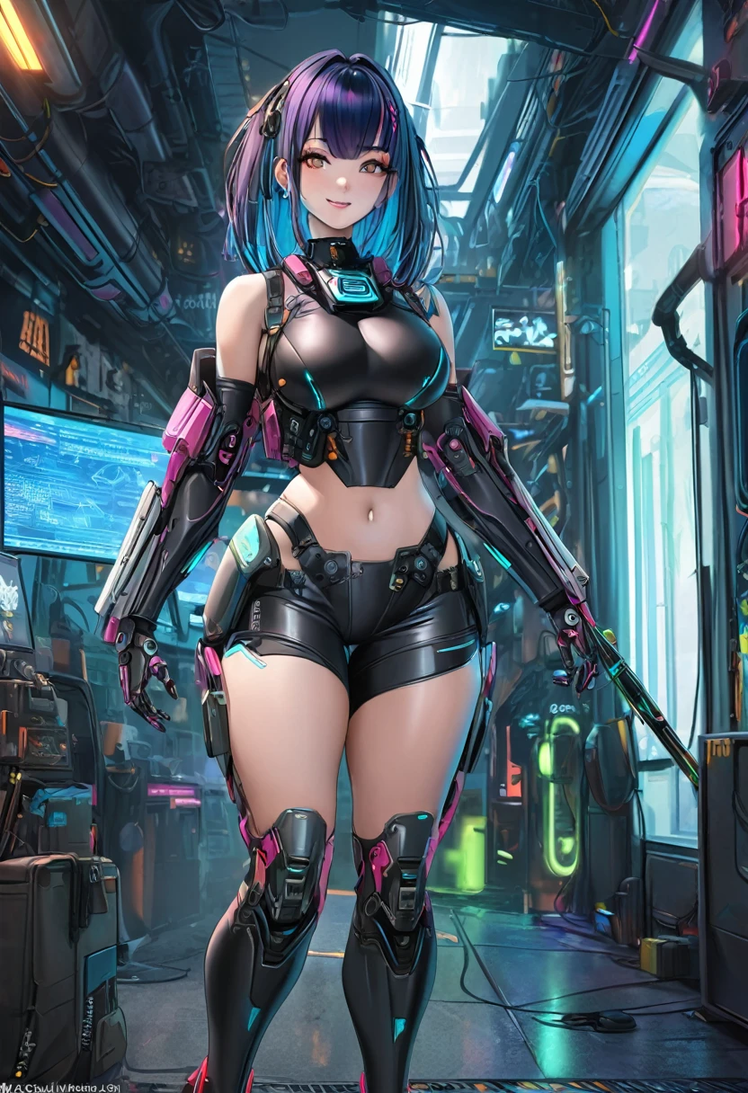 a beautiful 25 year old curvy asian woman in a cyberpunk outfit, smile, tattoos neon, cyberpunk style cyborgpunk mecha armor robotic, mini skrit sailor , (best quality, 4k, 8k, highres, masterpiece:1.2), ultra-detailed, (realistic, photorealistic, photo-realistic:1.37), , dynamic pose, full body sweating in space ship