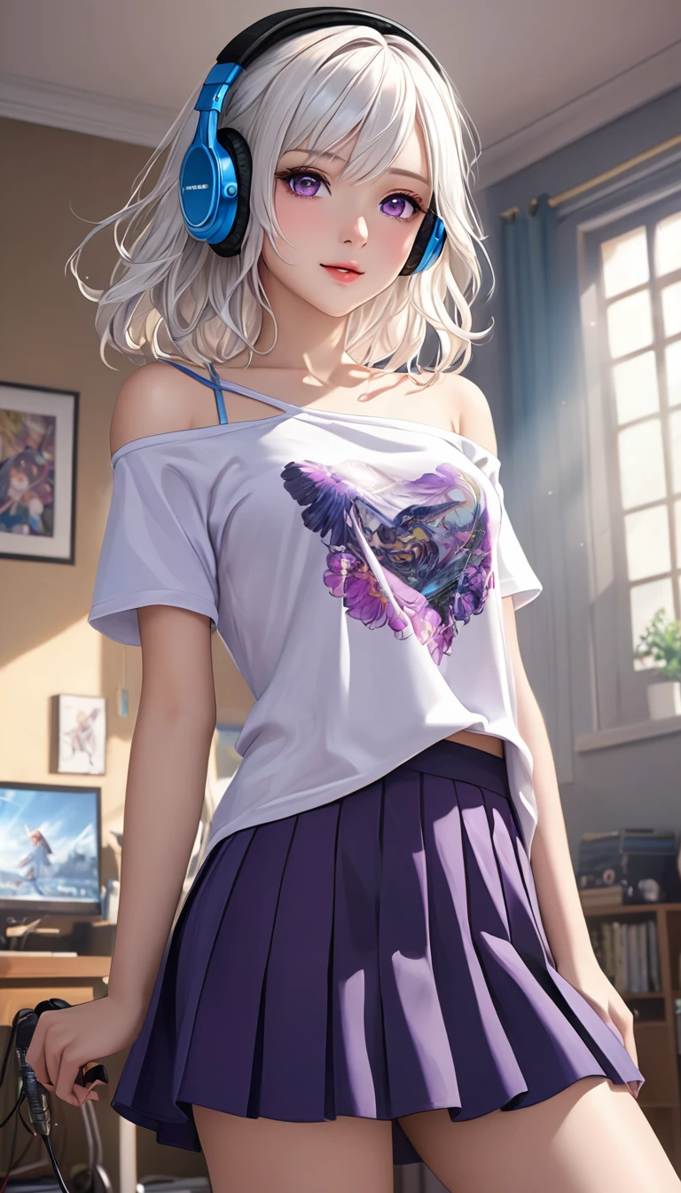 ((Anime style)), ((anime design)), (( true masterpiece)),  Very cute and pretty girl ,( Highly detailed pretty face ),
realistic,  a girl, loose hair falling over the face,  parted lips, Blush, standing, makeup,  light smile , white hair, t-shirt, skirt, headphones, brilliance, thighs, Purple eye, bare shoulders, clavicle, narrow waist, Room, sunlight,
( best quality,masterpiece),absurdres, highres icon,ultradetailed,extremely detailed,32 mil,8k resolution,
 intricate details , movie scene , detailed bottom ,Alone, dynamic angle ,