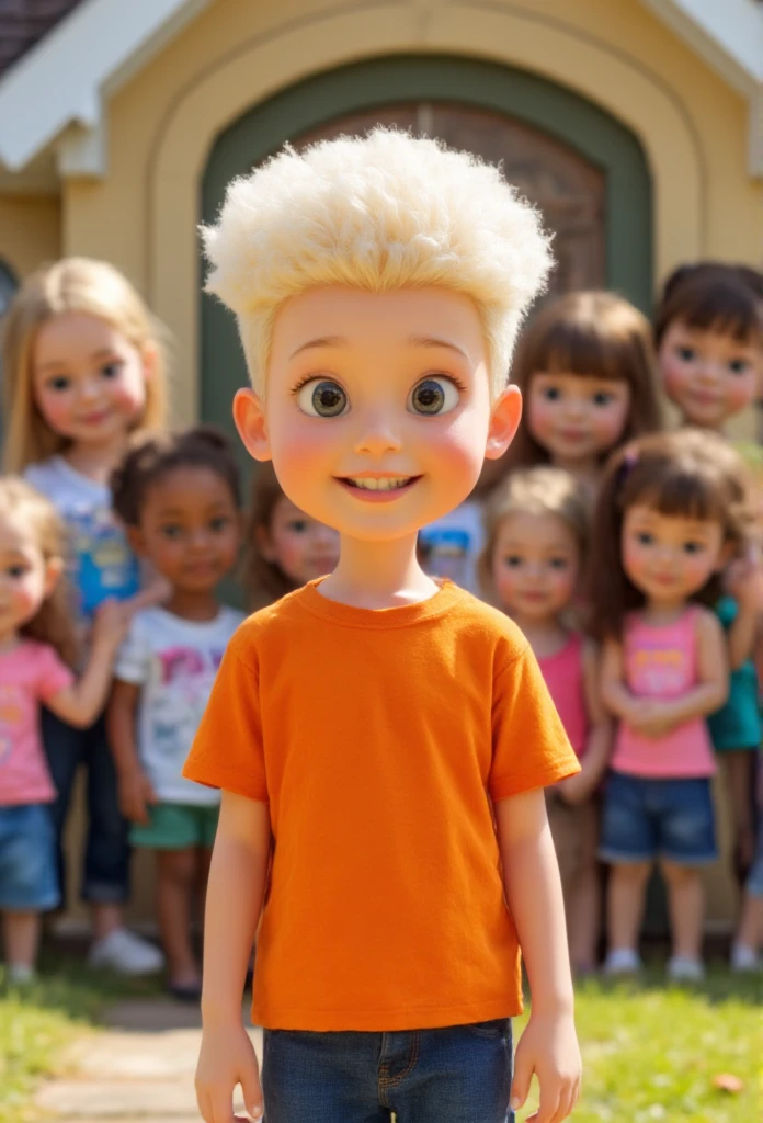 ((masterpiece)) ((photography)) ((Highest quality)) A ((realistic portrait)) of Lincoln Loud, the sevene-years-old boy from The Loud House, with his signature white hair, wearing an orange shirt and a confident smile. He stands in front of his family's house, with a detailed background showing the house's classic, cozy style. Behind him, his ten sisters appear slightly out of focus, each with their distinct hairstyle and silhouette, capturing the essence of their lively personalities. The scene is lit with natural light, creating a warm and inviting atmosphere that highlights Lincoln's role as the central figure in the family.