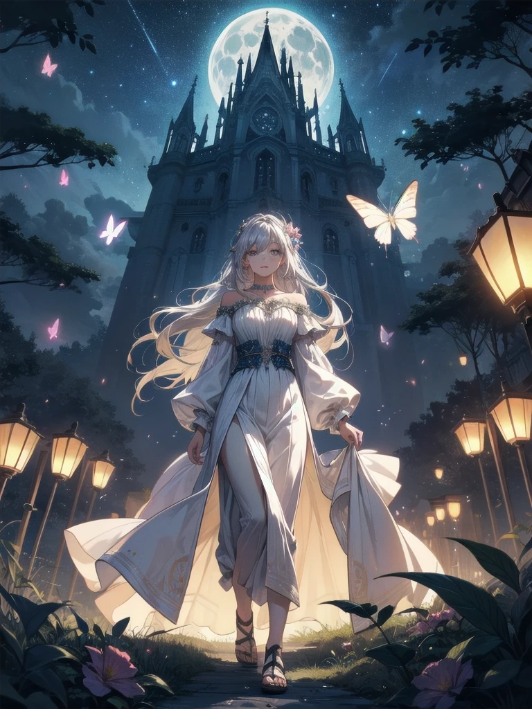 Ultra-high-resolution, magical atmosphere, vibrant colors, dynamic lighting.
BREAK
Girl with long silver hair, emerald eyes, in gown of leaves and flowers. Standing on giant tree branch over mystical forest with floating lanterns, glowing butterflies. Fantastical night sky with stars, large moon. Wide-angle shot, soft luminescent lighting, dreamy effects