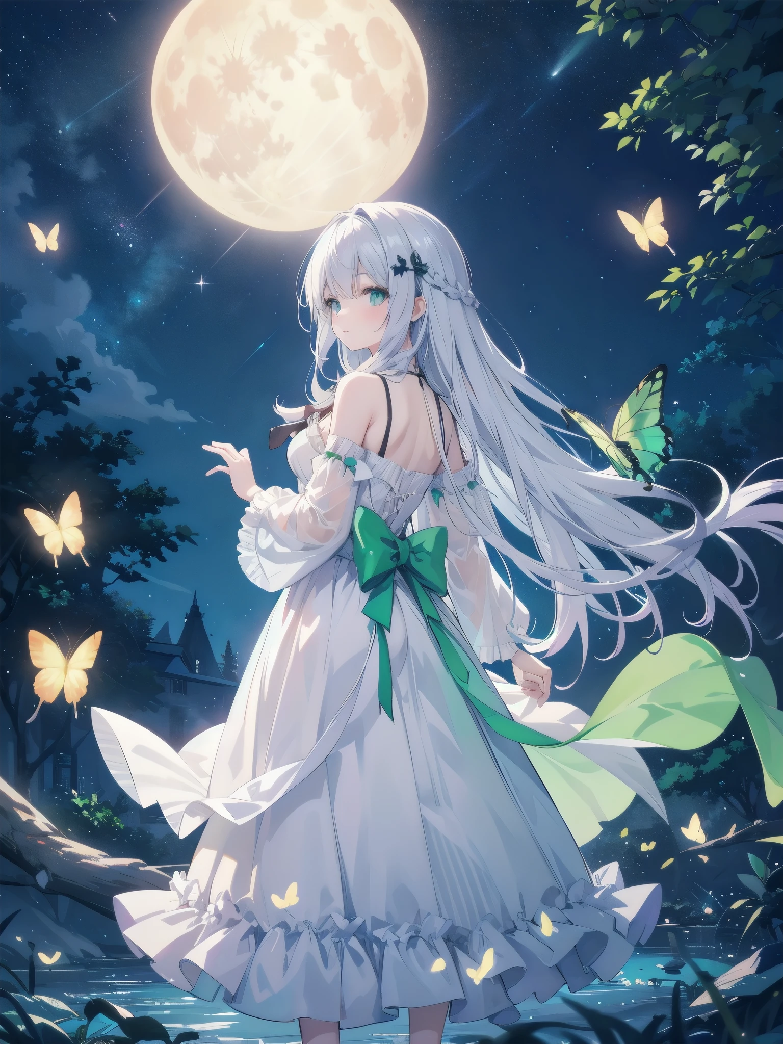 Ultra-high-resolution, magical atmosphere, vibrant colors, dynamic lighting.
BREAK
Girl with long silver hair, emerald eyes, in gown of leaves and flowers. Standing on giant tree branch over mystical forest with floating lanterns, glowing butterflies. Fantastical night sky with stars, large moon. Wide-angle shot, soft luminescent lighting, dreamy effects