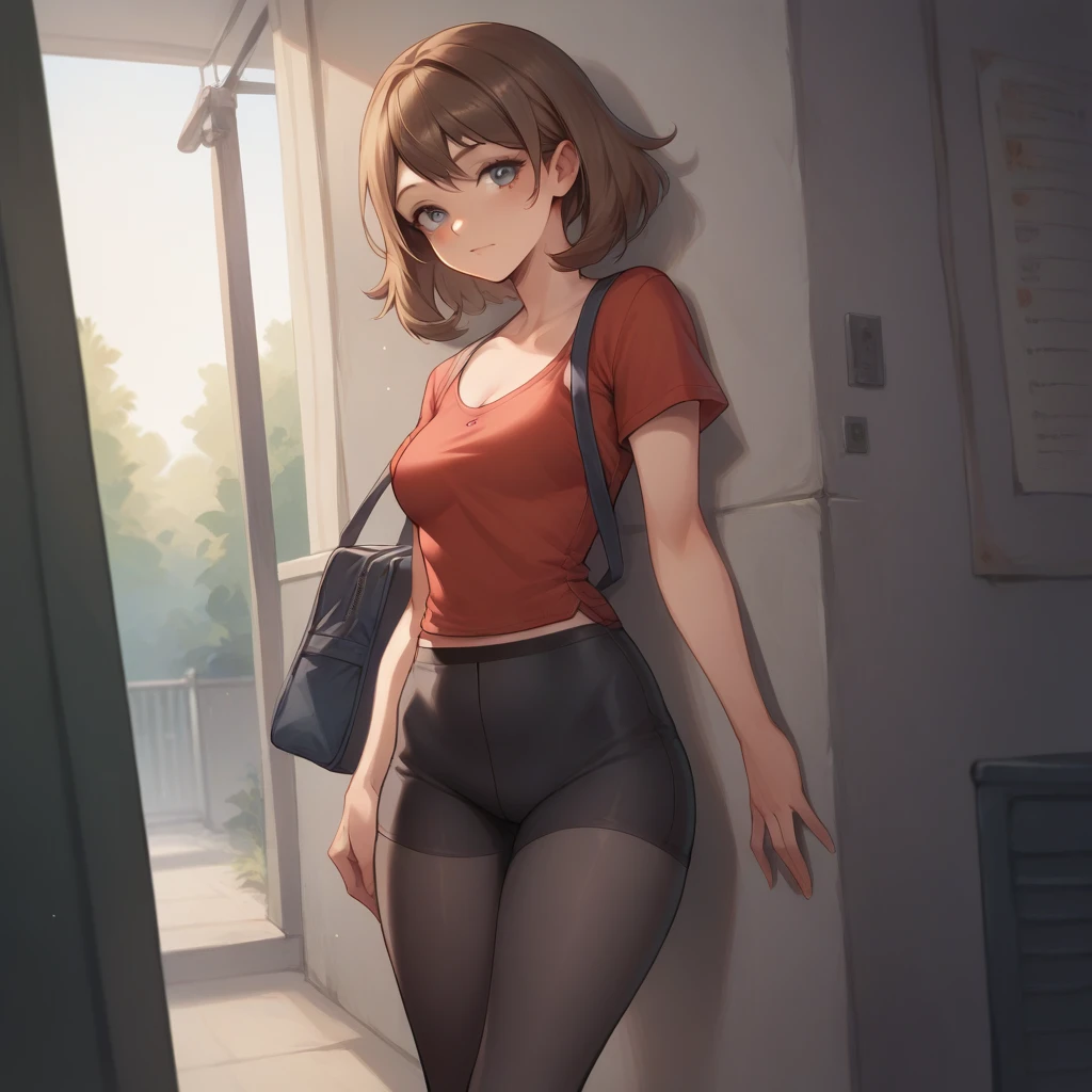 1 girl, May Pokemon ORAS, brown hair, medium breasts, medium thighs, school corridor, red tank top, Black T-shirt with short sleeves, white short, black short thigh tights, school corridor