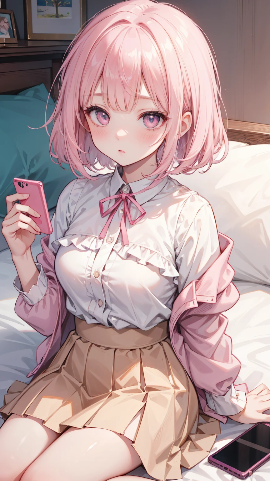  A girl lying on the bed ， Pink short hair，With bangs ，  Her lower body is wearing a brown pleated skirt  。 She has medium hair  ， A ribbon tied to his neck ，  holding a handheld console and controller in one hand  ，Holding potato chips in the other hand。  Her open jacket reveals the white dress inside Child 。  Establishing an intimate and magnetic connection  ，  Her eyes are bright pink  ，  Her cheeks have a sweet blush  。  Her hair accessory is decorated with pink ribbons  ，  to attract attention ， Above the neckline of her shirt, you can see medium  。Tight Frame ，  that captures her intimate posture and playful attitude  。