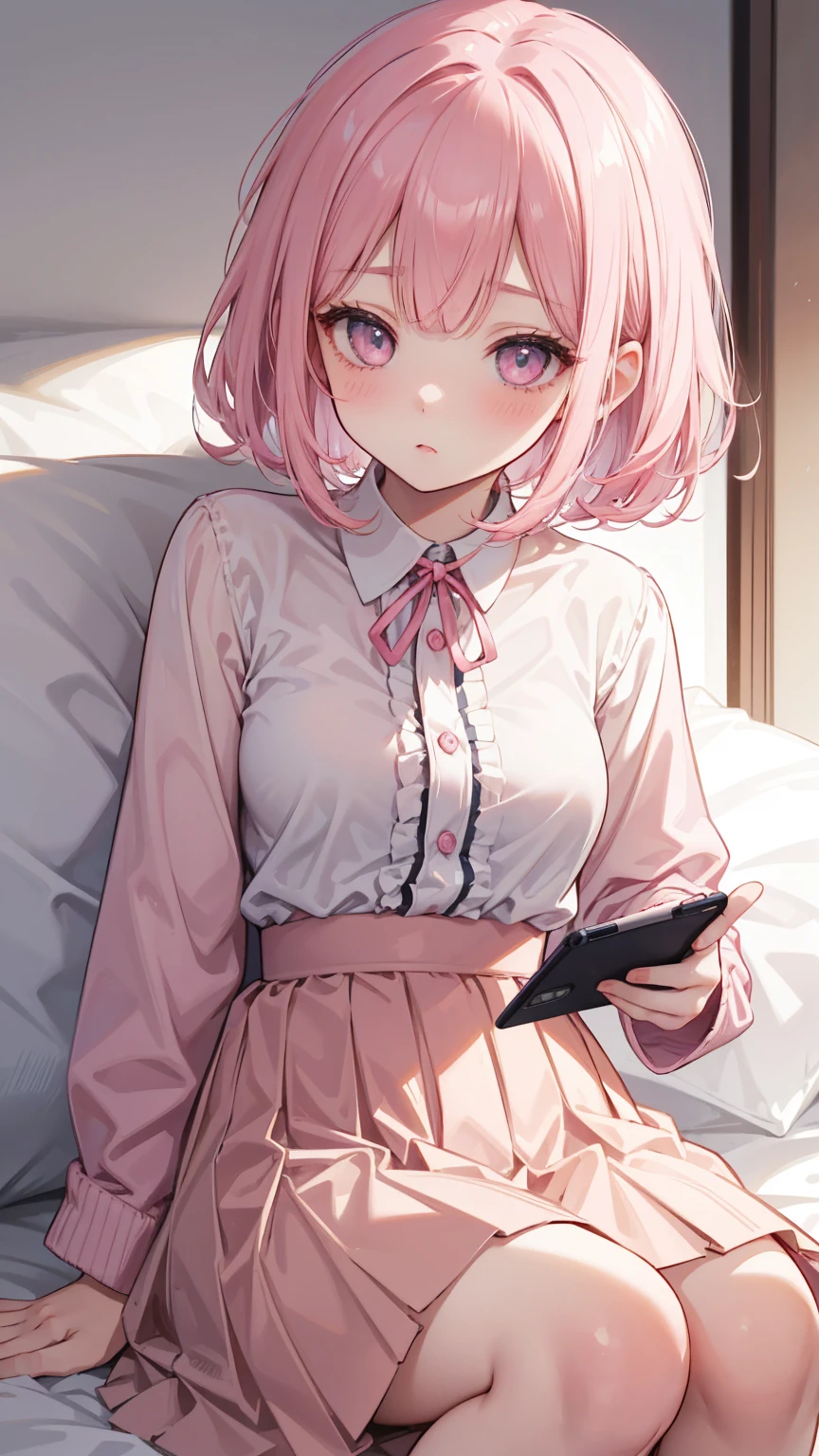  A girl lying on the bed ， Pink short hair，With bangs ，  Her lower body is wearing a brown pleated skirt  。 She has medium hair  ， A ribbon tied to his neck ，  holding a handheld console and controller in one hand  ，Holding potato chips in the other hand。  Her open jacket reveals the white dress inside Child 。  Establishing an intimate and magnetic connection  ，  Her eyes are bright pink  ，  Her cheeks have a sweet blush  。  Her hair accessory is decorated with pink ribbons  ，  to attract attention ， Above the neckline of her shirt, you can see medium  。Tight Frame ，  that captures her intimate posture and playful attitude  。