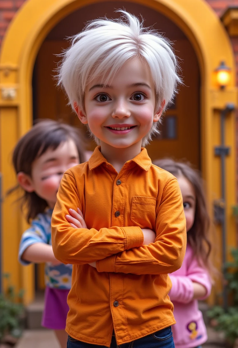 ((masterpiece)) ((photography)) ((Highest quality)) A ((realistic portrait)) of Lincoln Loud, the sevene-years-old boy from The Loud House, with his signature white hair, wearing an orange shirt and a confident smile. He stands in front of his family's house, with a detailed background showing the house's classic, cozy style. Behind him, his ten sisters appear slightly out of focus, each with their distinct hairstyle and silhouette, capturing the essence of their lively personalities. The scene is lit with natural light, creating a warm and inviting atmosphere that highlights Lincoln's role as the central figure in the family.