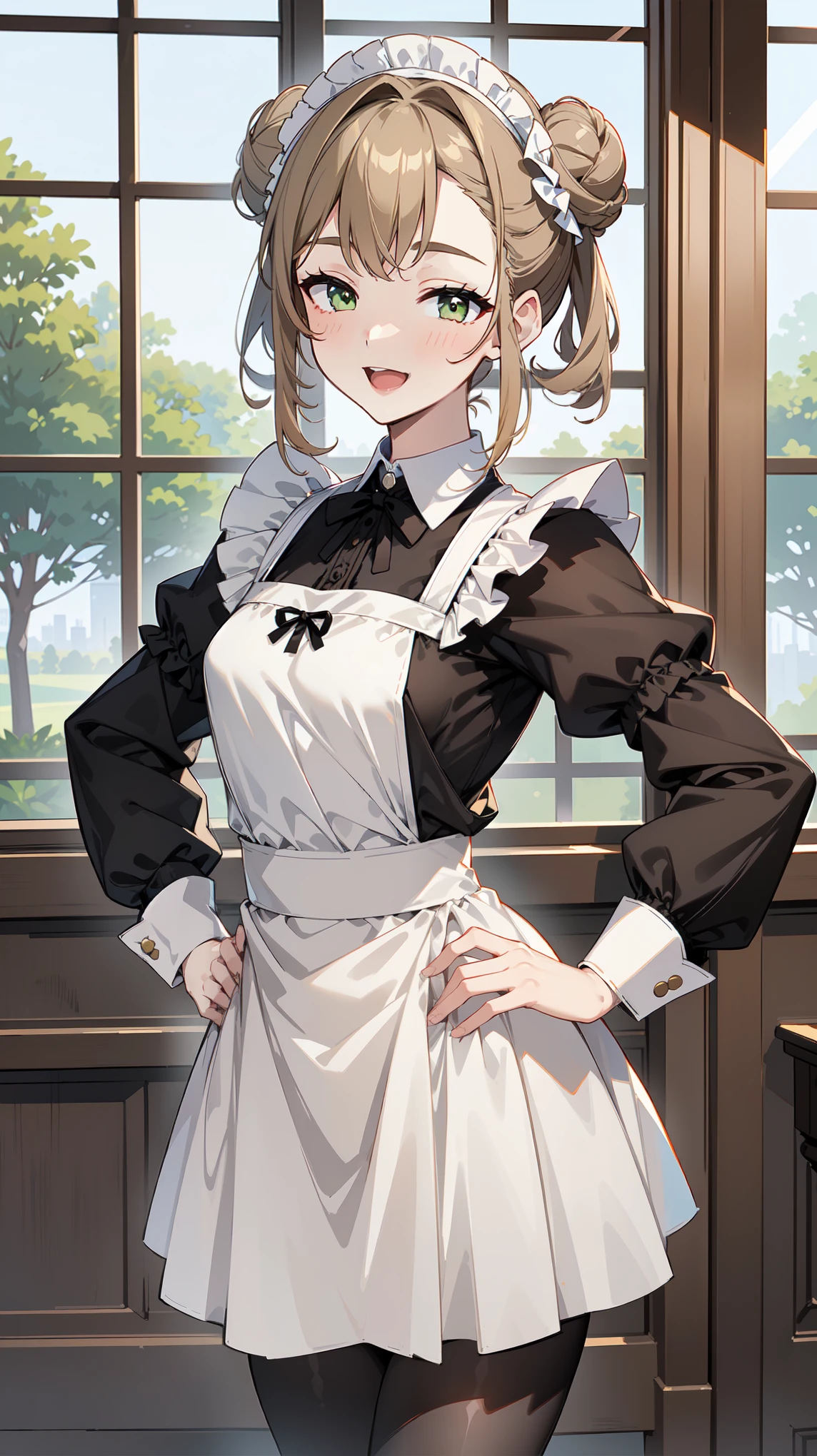 (masterpiece, best quality, ultra high quality, 1girl, solo), (성숙한 26세 여성), (small face), (She has good body proportions.), (open mouth), (Light Khaki Brown double bun hairstyle), (Olive Green eyes), (small breasts), (neutral), onee-chan, (wearing a victorian white dress), (maid), (victorian dress), (apron), (leggings), (black pantyhose), (upper body close up), standing, close-up, hands on hips, detailed hands, (The peaceful country mansion), (The sight of her outside the window), (leaning forward), (looking at viewer), (half-closed eyes), (smiling face)