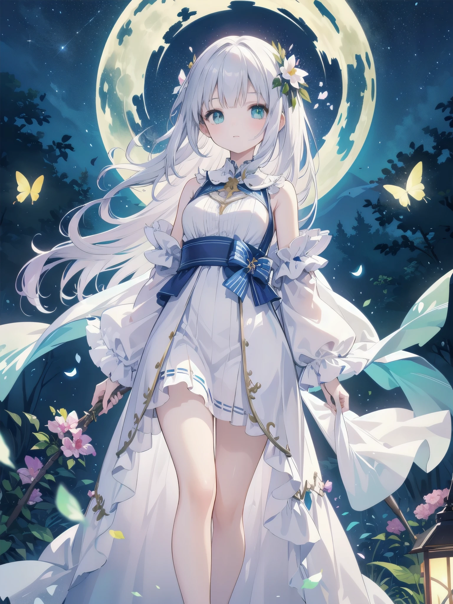 Ultra-high-resolution, magical atmosphere, vibrant colors, dynamic lighting.
BREAK
Girl with long silver hair, emerald eyes, in gown of leaves and flowers. Standing on giant tree branch over mystical forest with floating lanterns, glowing butterflies. Fantastical night sky with stars, large moon. Wide-angle shot, soft luminescent lighting, dreamy effects