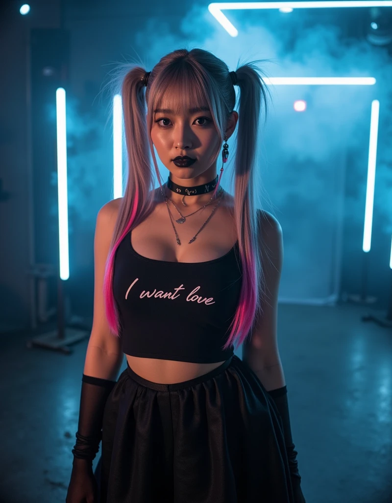 Photo of an Asian woman taken by a professional 、 staring at a misty nightclub in London、（ detailed skin textures）、Black lipstick、 black mascara、黒い eyeshadow、 twin tail hair with pink highlights on gray hair、（LED glowing choka 、 eyeshadow、" I want LOVE " black short tank top with 、 black low rise miniskirt 、 I can see my belly button、Just the thighs "Sugar me " 、Foreground blur、Blurry background 、