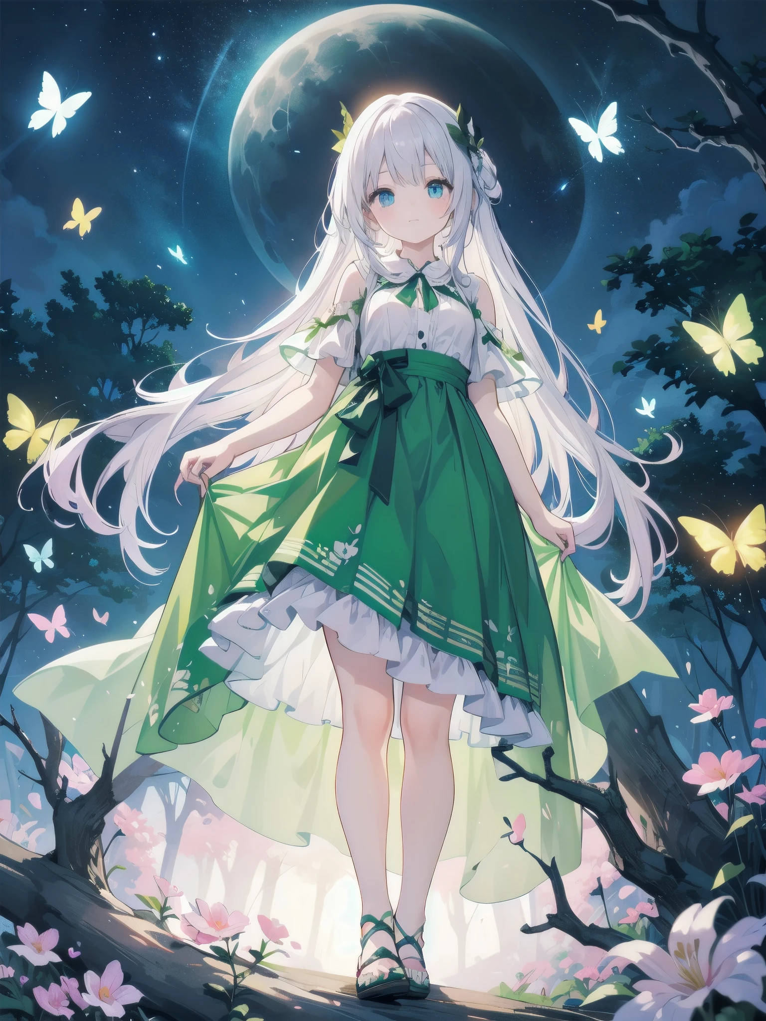 Ultra-high-resolution, magical atmosphere, vibrant colors, dynamic lighting.
BREAK
Girl with long silver hair, emerald eyes, in gown of leaves and flowers. Standing on giant tree branch over mystical forest with floating lanterns, glowing butterflies. Fantastical night sky with stars, large moon. Wide-angle shot, soft luminescent lighting, dreamy effects