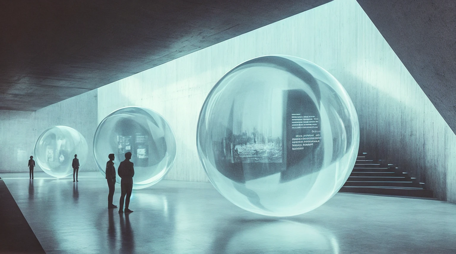 minimalist futuristic museum hall interior, each artifact of the past is displayed in floating glass ball in equal distance from each other, some information is being projected as holograms, a few patrons, dystopian