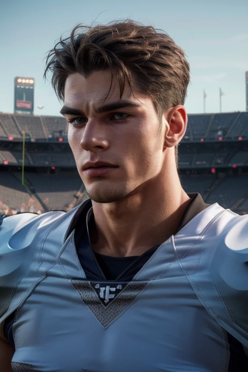 high muscular athletic man, handsome young man, rugged handsome man, american football team captain, detailed facial features, chiseled jawline, piercing eyes, full lips, sharp nose, square shoulders, toned physique, tall, muscular build, confident pose, sports uniform, field background, cinematic lighting, dramatic shadows, high contrast, warm color palette, hyper-realistic, 8k, photorealistic