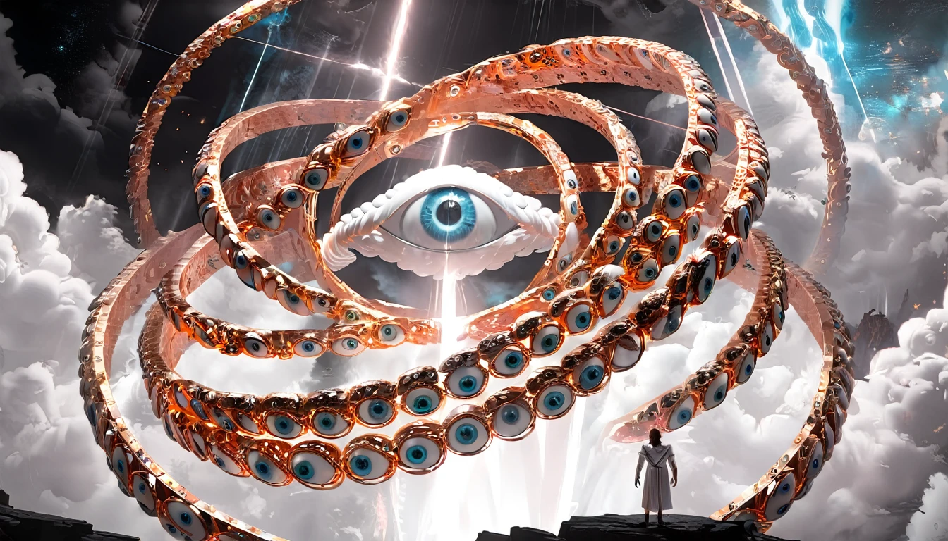 seraphins, mystical creature with hundreds of eyes and wings, with the shape of a giant ring, circular hoops around body, massive size, angelical lights 