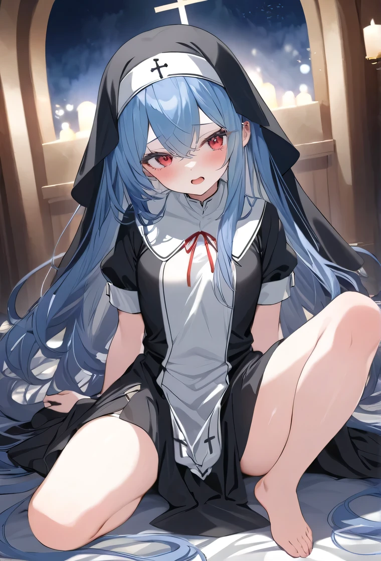 masterpiece，    high quality  ， best quality ，   Official Art   ，Beautiful and picky，     Very detailed   （ Split Art 1   .2），rich colors，Most detailed， a girl， dark blue long hair ，long bangs，   Bright Red Eyes   ，pale albinism，barefoot，   dressed in a pure black nun's costume ，blush,   Open Mouth, double tail,    Blue Hair   /watercolor hair ，   Observing the audience  ,  Church at night ，Moonlight falling 