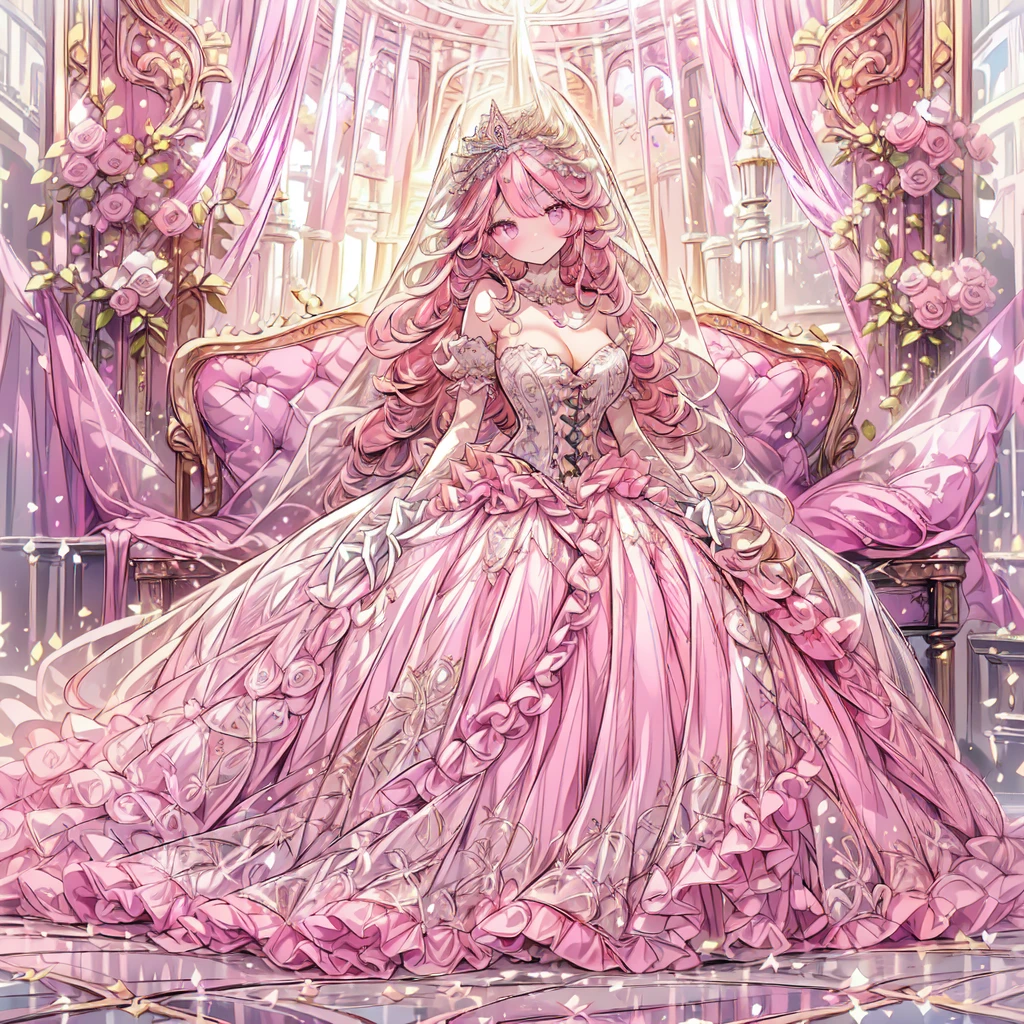 full dress shot, shot from above, frontal shot, full-body illustration, (((full body, depicts whole body, full body portrait, whole body))), portrait, 1girl, solo, beautiful gorgeous captivating cute adorable princess, looking at viewer, cute blush, (blushing:1.5), heavy blush, (pink eyes:1.5) ,(((hyper detail delicate beautiful eyes , big eyes, clear eyes, extremely detailed))), (soft thin lines:1.2, beautiful, delicate and pretty face, young face, smiling), ((large amount of straight hair, extremely voluminous very long hair, absolutely long straight hair)), (pink hair:1.5), (extremely gorgeous full hair ornament, bling-bling extremely gorgeous full jeweled tiara), (long bridal veil:1.2), (face veil:1.5), frilly collar, luxurious jewelry, skin dentation, pale skin, slim, (extremely gigantic large breasts:1.5), breasts cleavage, breasts focus, (((extremely detailed hands, delicate hands, beautiful hands, 5-fingers))), (holding a bouquet of flowers:1.1), (frilly long gloves:1.5) (pure pink gown dress:1.5), (((pure pink lace and frills, dress with motif of ribbons and flowers, detailed gorgeous princess ballgown with voluminous full length hoop skirt, gorgeous princess long rococo ballgown with long train, gorgeous princess long rococo ballgown with beautiful embroidery and jeweled))), (long train gown:1.2) , (puffy gown:1.2), (floor length gown:1.5), (gown trailing:1.2), (long sleeves gown:1), (pink laced leather corset:1.5), masterpiece, (Full-HD:1.5), (highres:1.5), (absurdres:1.5), (high quality:1.5), (high resolution:1.5), (best image:1.5), (ultra quality:1.5), HDR, 16K, 32K, (ultra resolution:1.5), (ultra detailed:1.5), (highly detailed:1.5), fantasy scene, dreamy fantasy, fantasy palace background, (standing:1), (glow, god rays, radiant, ethereal, dreamy, heavenly, otherworldly, dream-like, breathtaking, captivating, divine), (depth of field), sharp focus, soft lighting