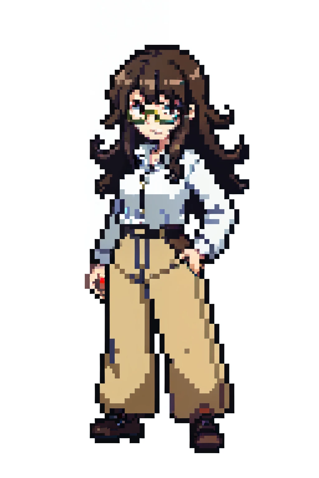 pixel art of a woman, full length, dark brown curly hair, golden glasses, beige wide trousers, white button shirt, white background