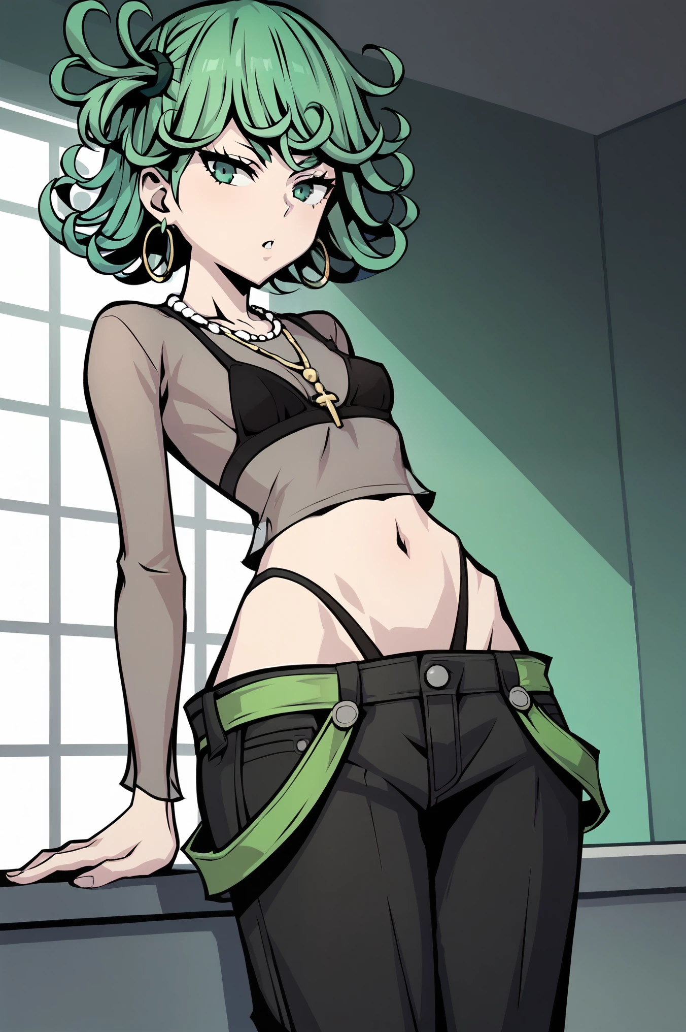 score_9, score_8_up, score_7_up, score_6_up, BREAK, TWEWY style, (masterpiece: 1.0), best quality, tatsumakisdxl, Tatsumaki171,short hair,navel,jewelry,underwear,green eyes,panties,earrings,green hair,midriff,pants,necklace,bra,side ponytail,dated,see-through,black panties,highleg,black pants,black bra,hoop earrings,highleg panties,see-through shirt,tatsumaki,green belt

